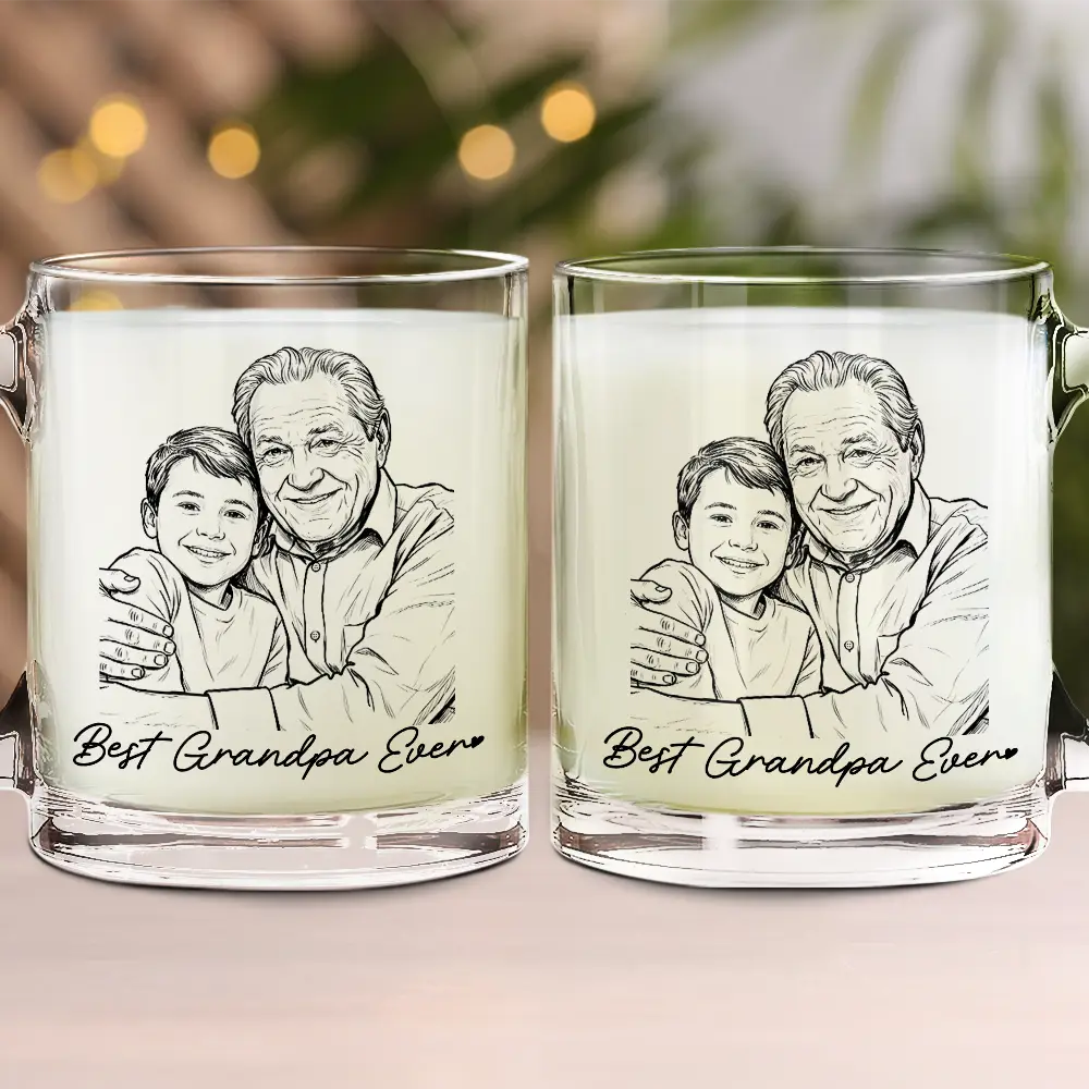 Gift For Father,Gift For Grandpa,Non-Eng,Photo - Pencil Sketch (Bold),Proud - Custom Photo Bold Sketch Best Dad Grandpa Ever Family Portrait - Personalized Glass Mug