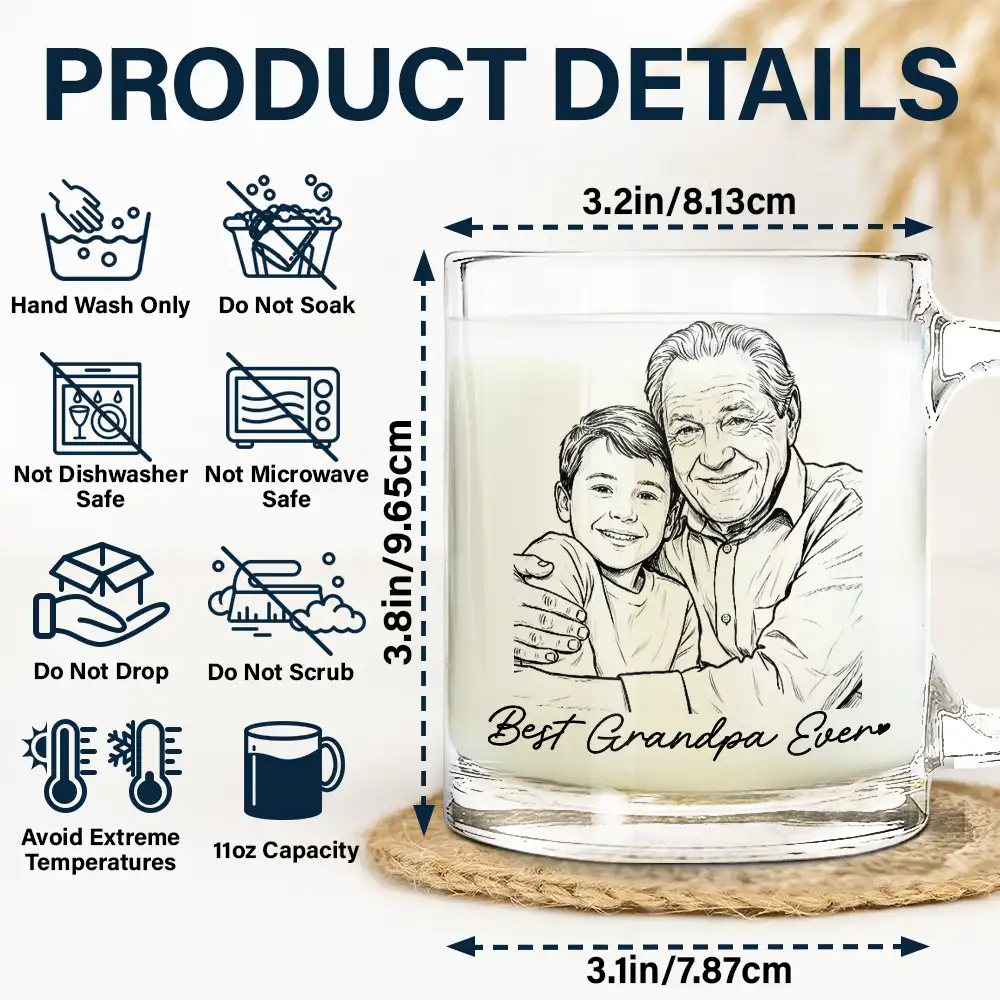 Gift For Father,Gift For Grandpa,Non-Eng,Photo - Pencil Sketch (Bold),Proud - Custom Photo Bold Sketch Best Dad Grandpa Ever Family Portrait - Personalized Glass Mug