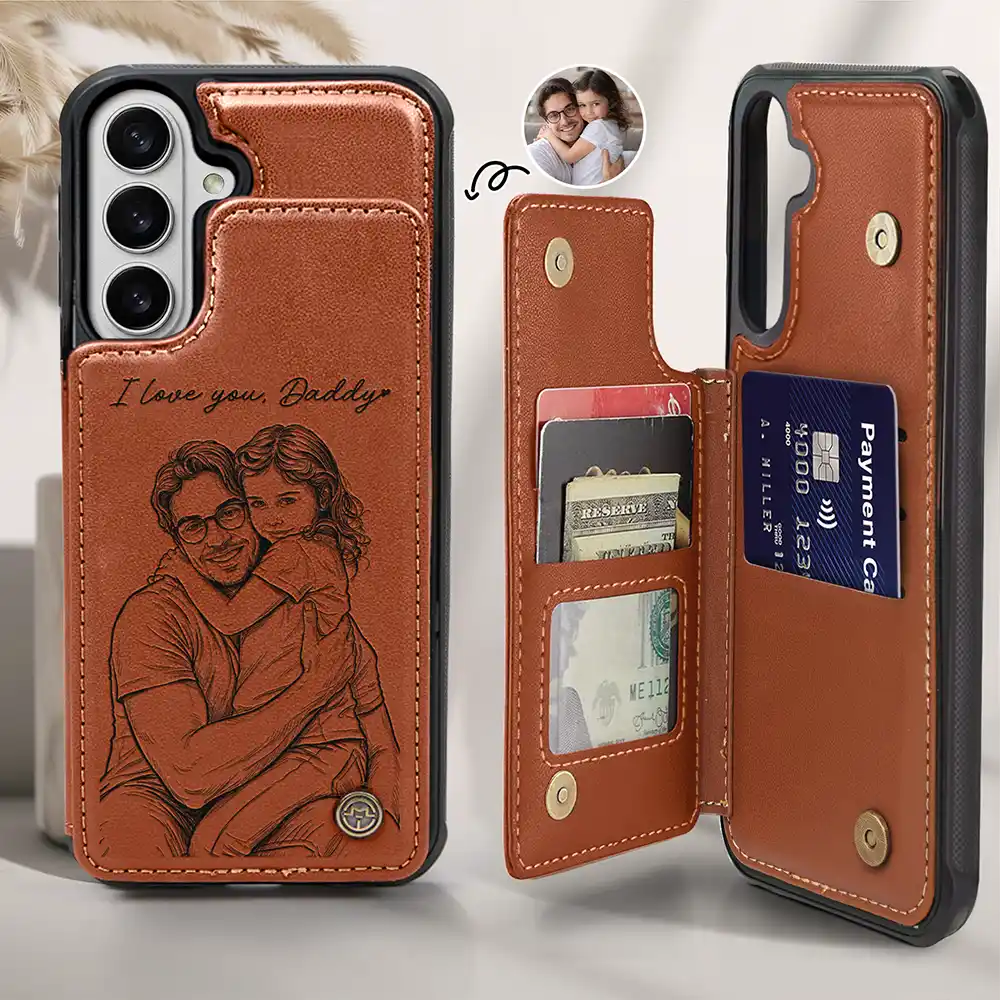 Gift For Father,Gift For Grandpa,Non-Eng,Photo - Pencil Sketch (Bold),Proud - Custom Photo Bold Sketch Best Dad Grandpa Ever Family Portrait - Personalized Leather Flip Wallet Phone Case