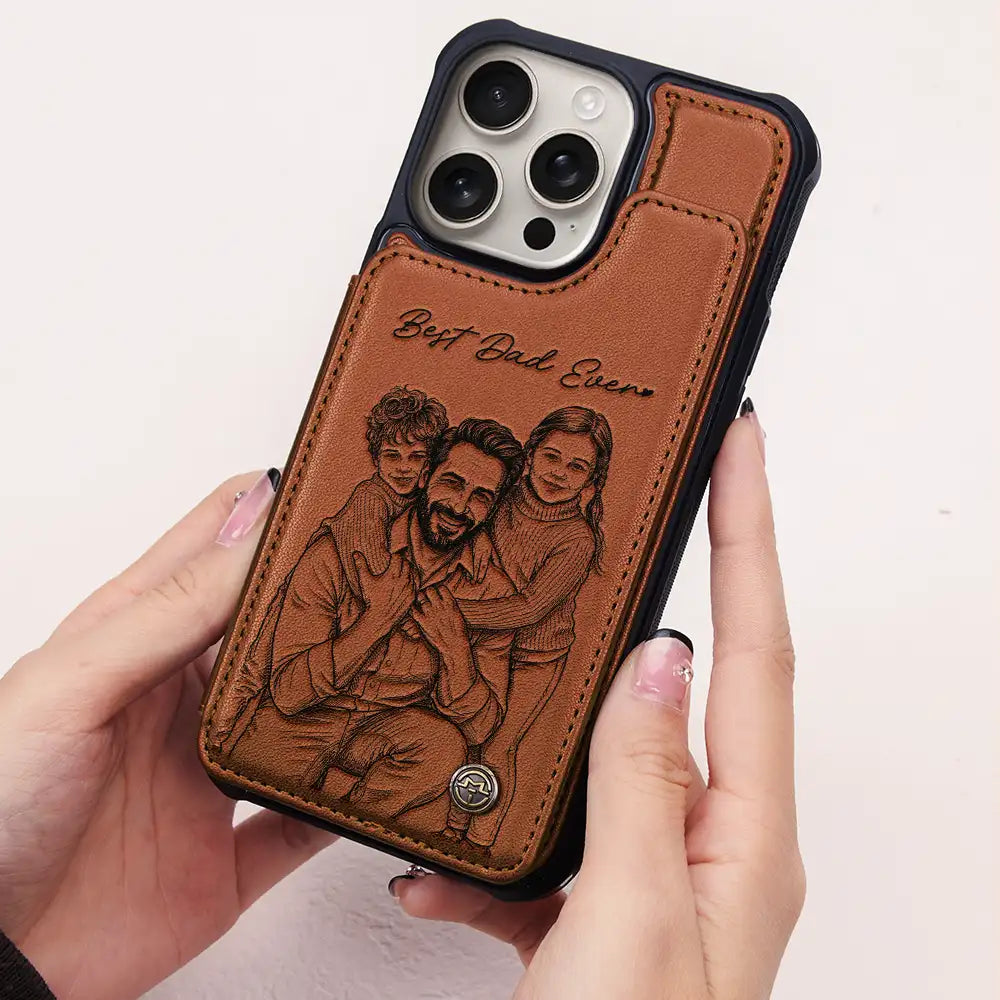 Gift For Father,Gift For Grandpa,Non-Eng,Photo - Pencil Sketch (Bold),Proud - Custom Photo Bold Sketch Best Dad Grandpa Ever Family Portrait - Personalized Leather Flip Wallet Phone Case