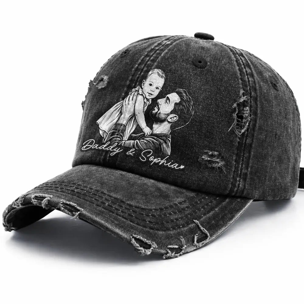 Gift For Father,Custom Photo,Art Design,Adorable,Photo - Pencil Sketch - Bold - Custom Photo Bold Sketch Family Dog Cat Portrait - Personalized Distressed Cap