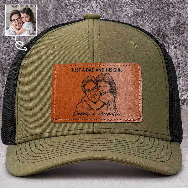 Custom Photo,Gift For Father,Dad - Daughters (Young),Photo - Pencil Sketch (Bold),Proud - Custom Photo Bold Sketch Just A Dad And His Girl - Personalized Leather Patch Hat