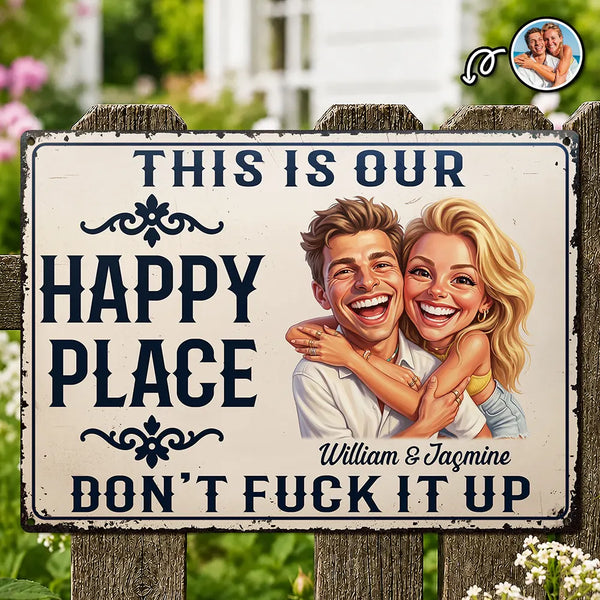 Custom Photo, Art Design, Summer, Gift For Couples, Humorous, Photo - Caricature - Remove BG - Custom Photo Caricature Couple Summer This Is Our Happy Place - Personalized Classic Metal Signs