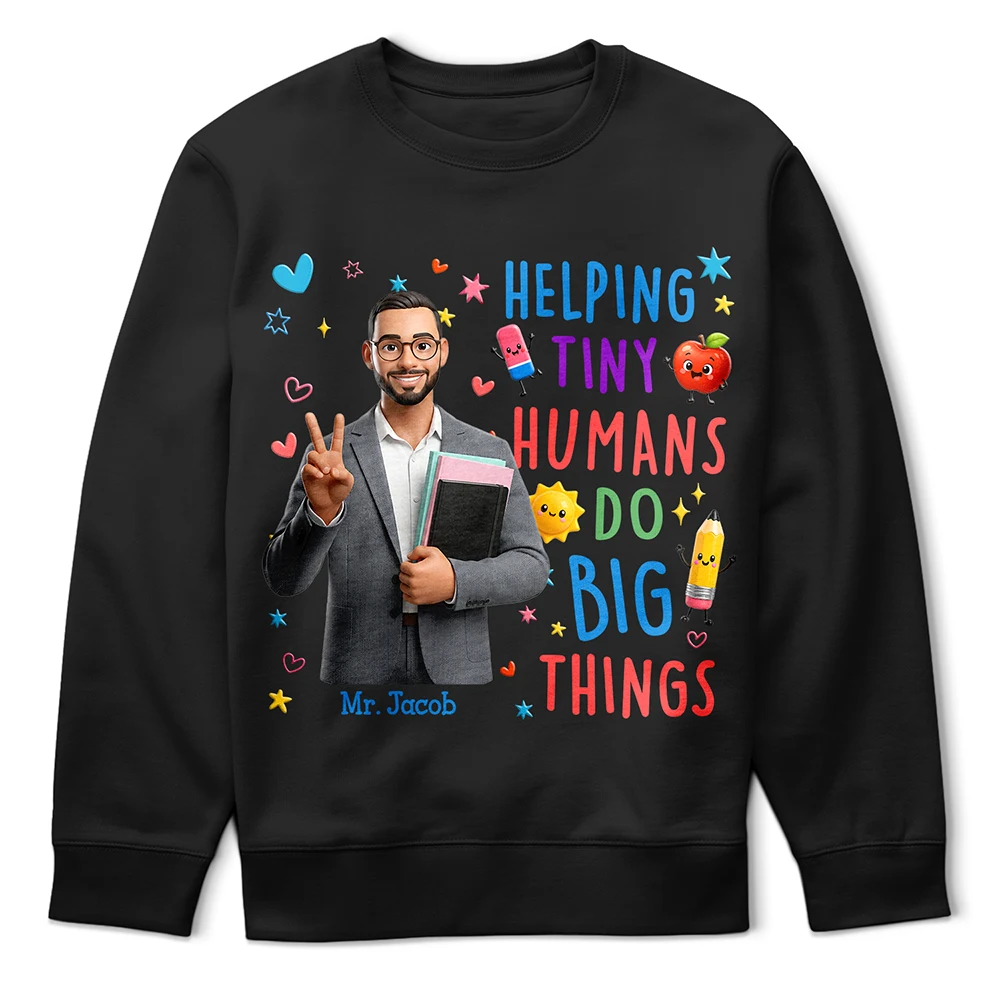 Top Market, Art Design, Teacher, Inspirational, Back To School, Photo - Cartoon Portrait - Custom Photo Cartoon Portrait Teacher Helping Tiny Humans Do Big Things - Personalized T Shirt