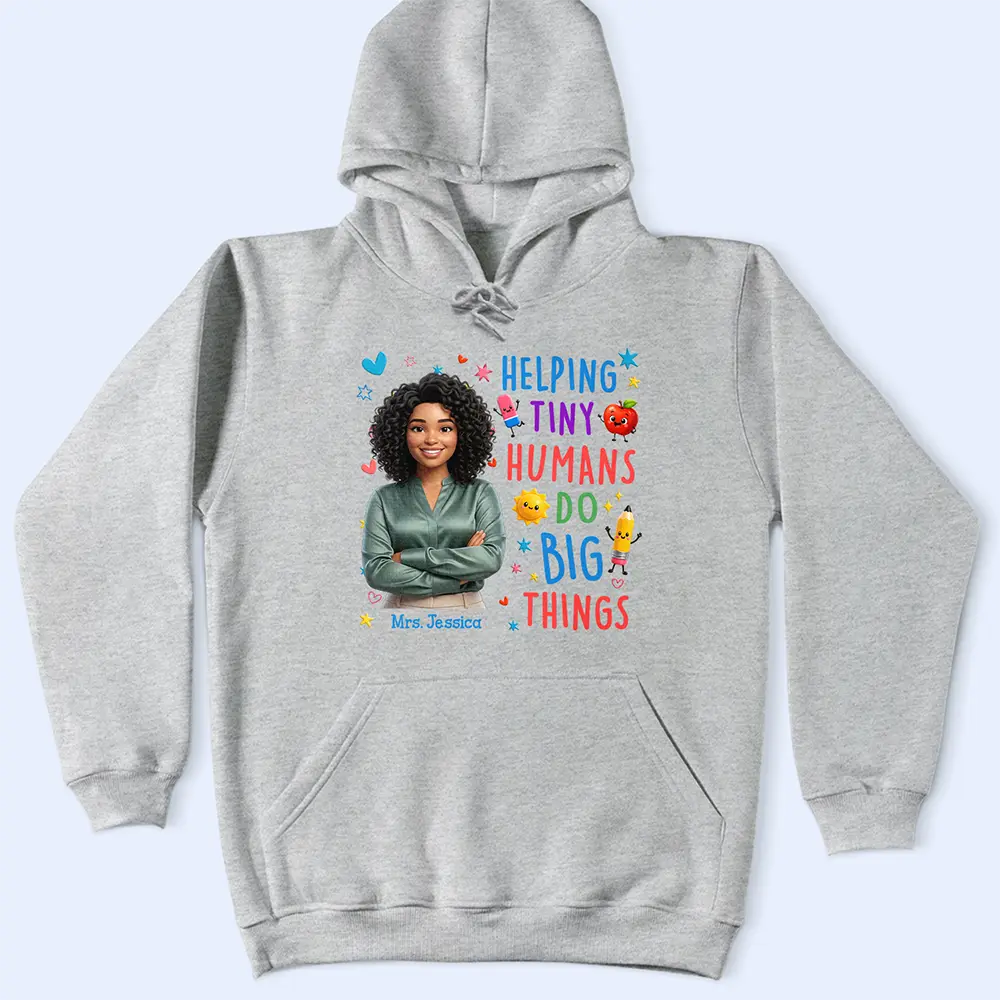 Top Market, Art Design, Teacher, Inspirational, Back To School, Photo - Cartoon Portrait - Custom Photo Cartoon Portrait Teacher Helping Tiny Humans Do Big Things - Personalized T Shirt