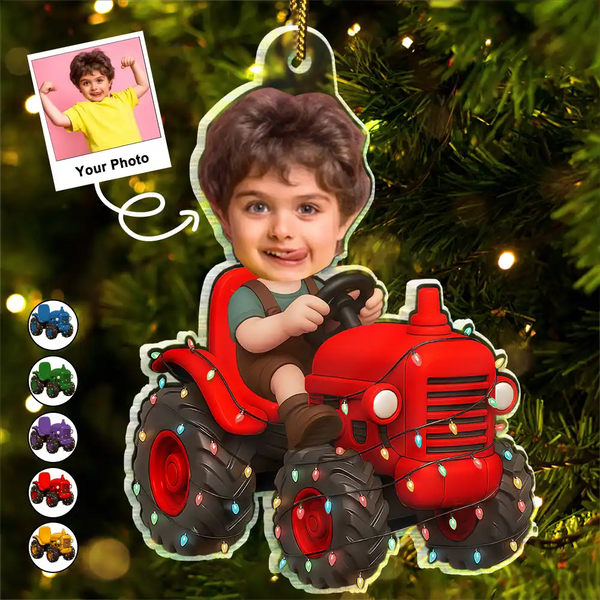 Gift For Kids, Gift For Grandkids, Photo Hobby Ornament, Custom Photo, Funny, Christmas - Custom Photo Christmas Kid Driving Tractor - Personalized Acrylic Photo Ornament