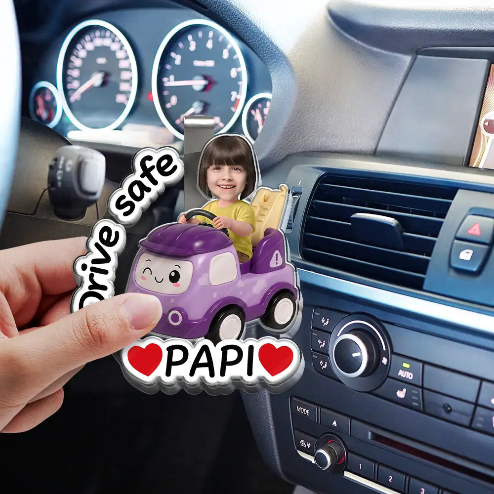 Gift For Father,Gift For Grandpa,Top Market,Non-Eng,Photo,Vector,Adorable - Custom Photo Cute Kid With Car Drive Safe Daddy - Personalized Custom Shaped Acrylic Car Visor Clip