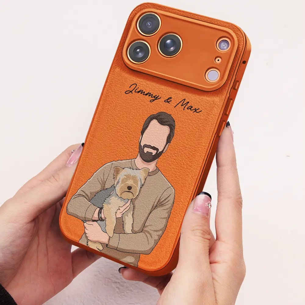 Gift For Father,Gift For Grandpa,Pet Lovers,Pet Dad,Dog Lovers,Dog Dad,Cat Lovers,Cat Dad,Non-Eng,Photo - Faceless Portrait ,Proud - Custom Photo Faceless Portrait Family Dog Cat Potrait - Personalized Leather Phone Case