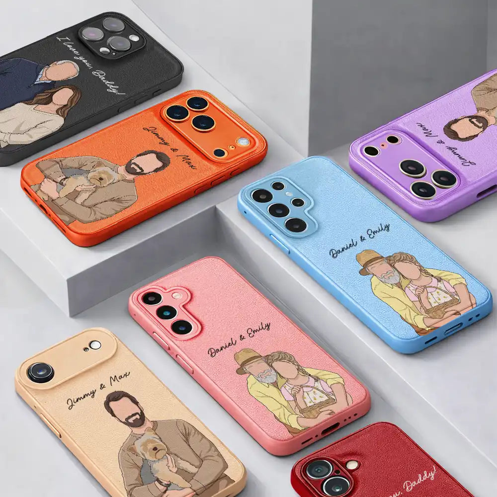 Gift For Father,Gift For Grandpa,Pet Lovers,Pet Dad,Dog Lovers,Dog Dad,Cat Lovers,Cat Dad,Non-Eng,Photo - Faceless Portrait ,Proud - Custom Photo Faceless Portrait Family Dog Cat Potrait - Personalized Leather Phone Case