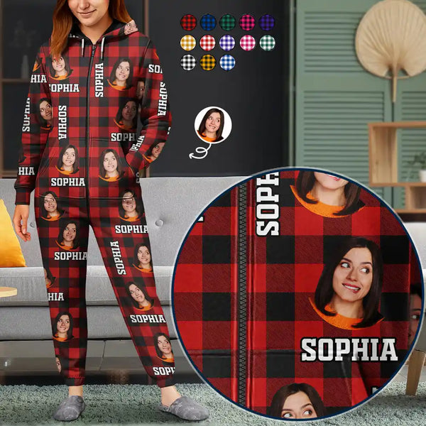 Family,Parents,Gift For Kids,Happy,Custom Photo - Custom Photo Family Plaid Pattern - Personalized Overall Onesie Hooded Jumpsuit