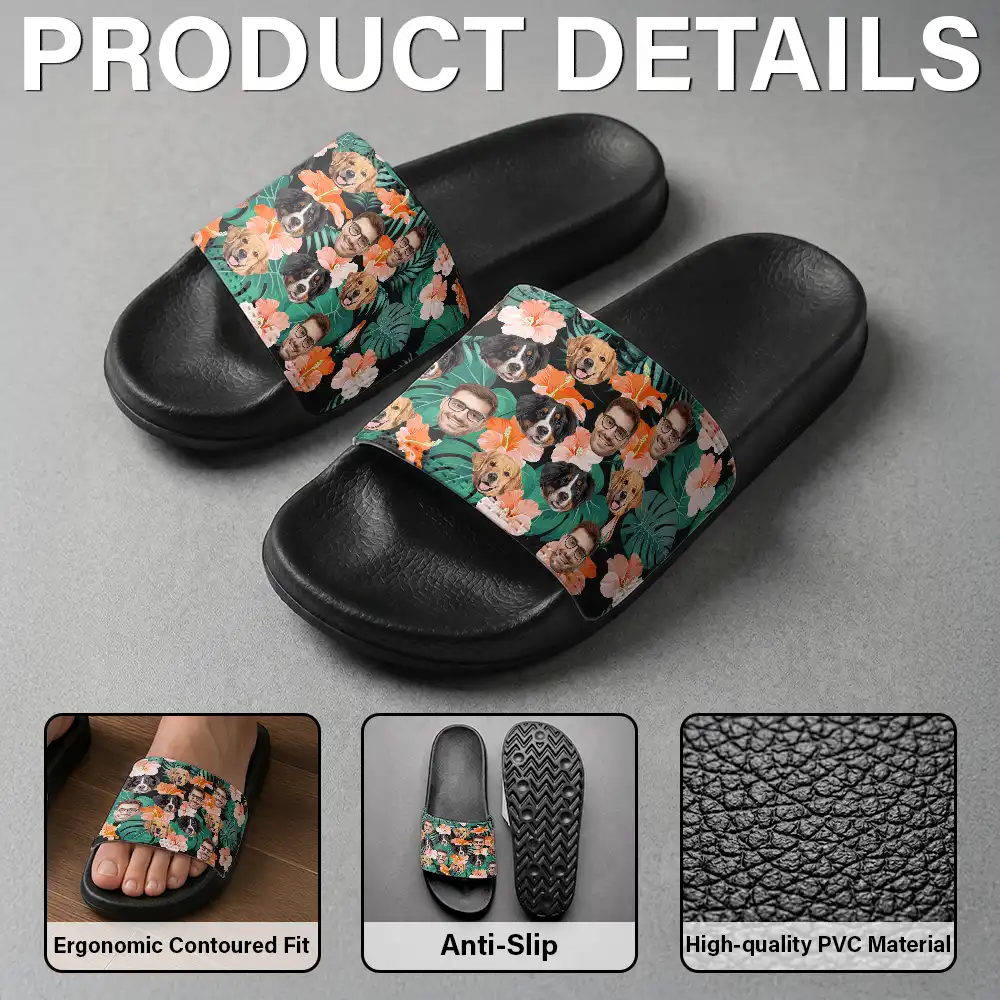 Dog Dad, Pet Lovers, Gift For Father, Custom Photo, Beach, Summer, Playful, Cut-Face Photo, Icon - Custom Photo Funny Pet Face Hawaii Gift For Family, Couple, Dog And Cat Lovers - Personalized Unisex Slides