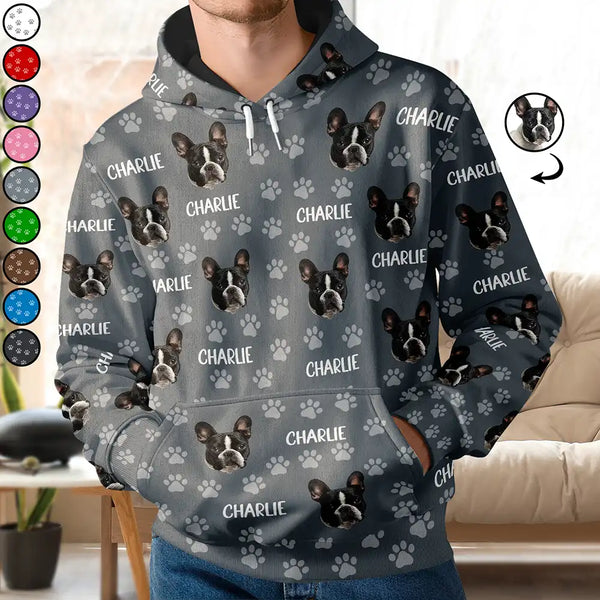 Cat Lovers,Pet Lovers,Dog Lovers,Dog Mom,Dog Dad,Cat Mom,Cat Dad,Happy - Custom Photo Funny Pet Face Pattern Dog Cat Family - Personalized Pullover Hoodie