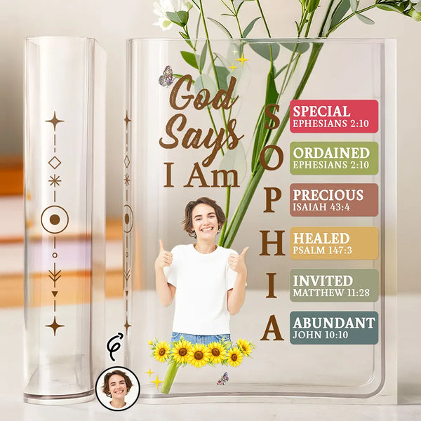 Gift For Yourself,Gift For Women,Happy,Gift For Men - Custom Photo God Says I Am Bible Verse - Personalized Acrylic Book Vase