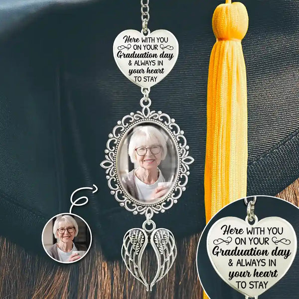 Graduation,Gift For Yourself,Custom Photo,Memorial,Sad - Custom Photo Here With You - Personalized Graduation Tassel Charm