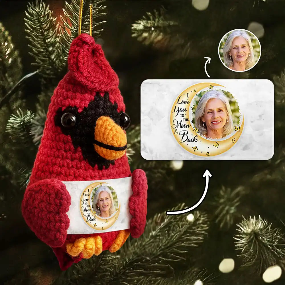 Family, Memorial, Sad, Christmas - Custom Photo I Love You To The Moon And Back - Personalized Crochet Cardinal Bird Hanging Decoration