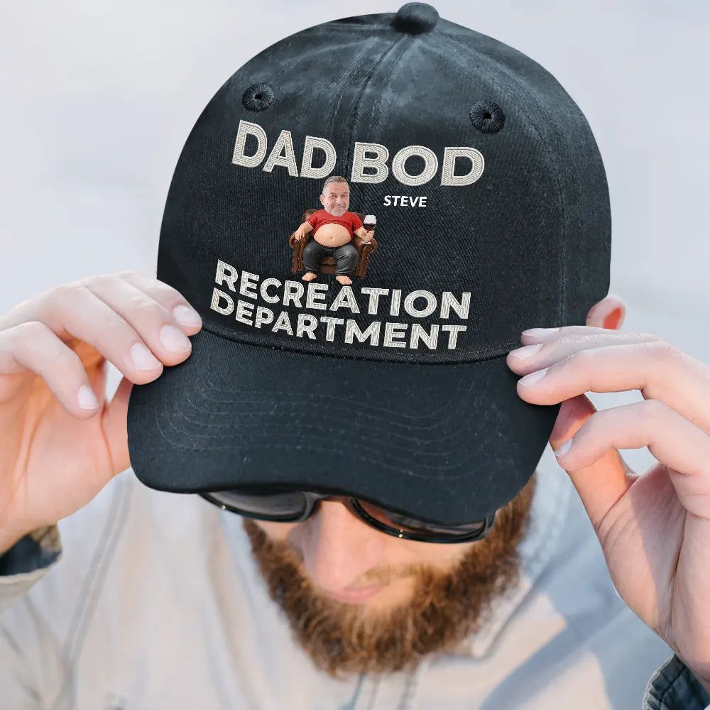 Gift For Father, Custom Photo, Humorous, Cut-Face Photo - Custom Photo It's Not A Dad Bod Father Figure Faux Embroidery Effect - Personalized Vintage Washed Denim Cap