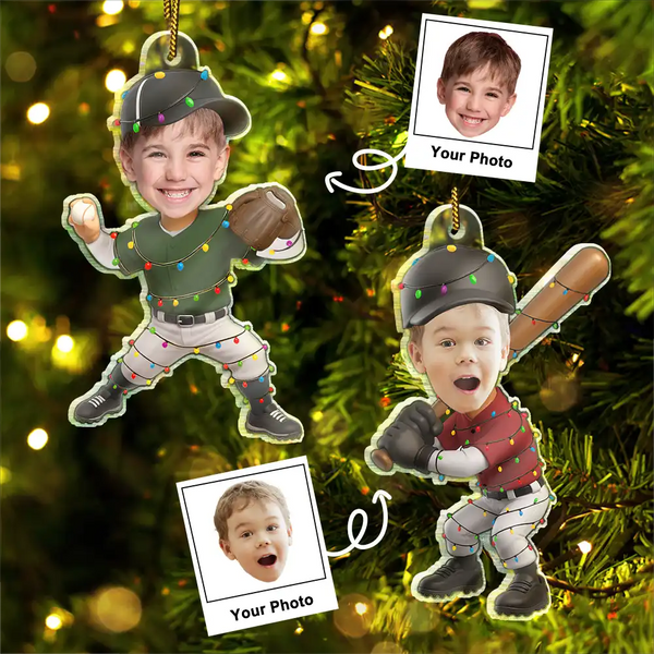 Gift For Kids,Gift For Grandkids,Photo Hobby Ornament,Custom Photo,Funny,Christmas - Custom Photo Kid Playing Baseball - Personalized Acrylic Photo Ornament