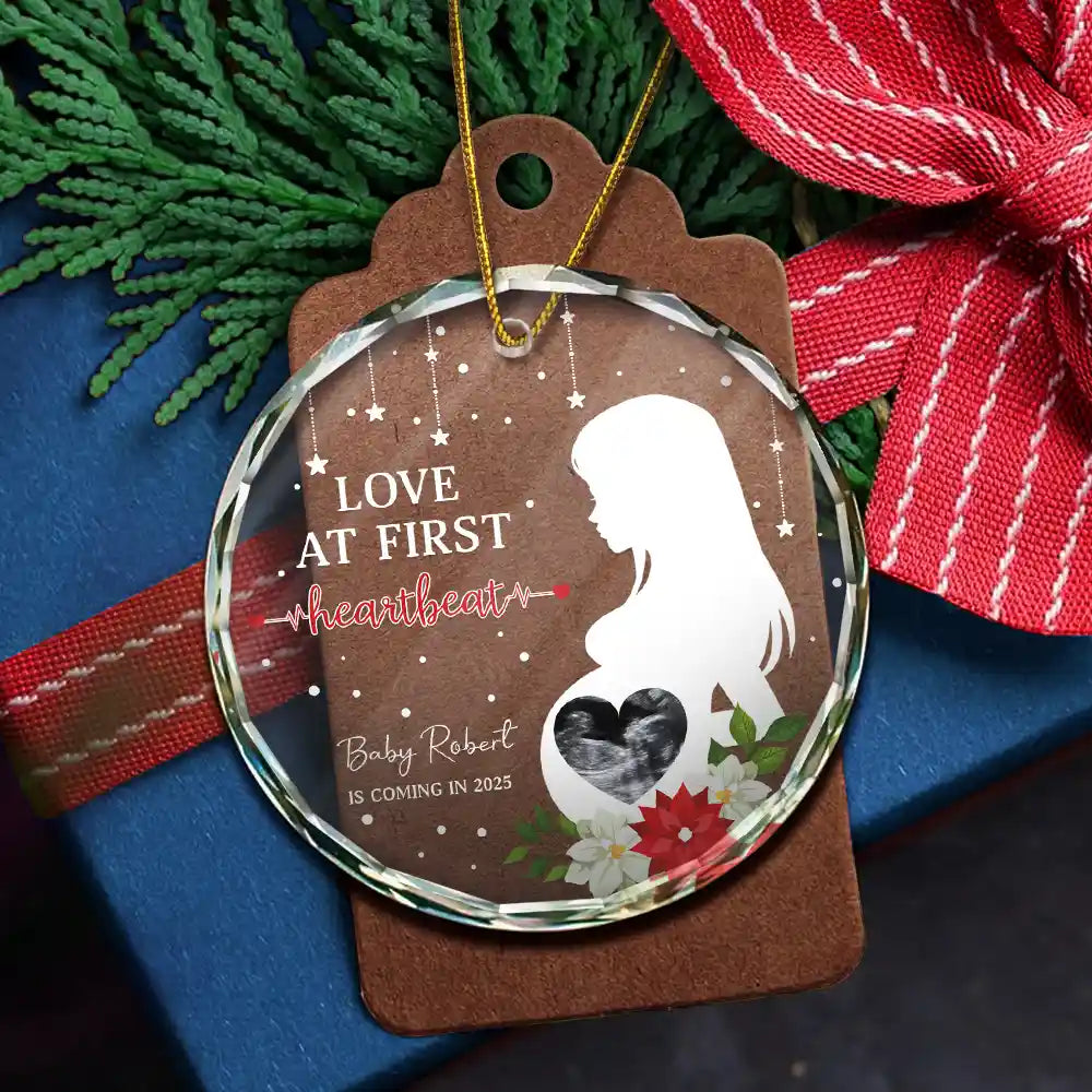 New baby,New Mom,New Dad,Happy,Christmas - Custom Photo Love At First Hearbeat - Personalized Circle Glass Ornament