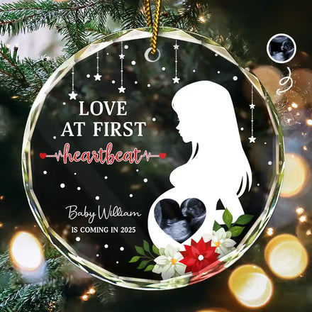 Custom Photo Love At First Heartbeat - Personalized Circle Glass Ornament