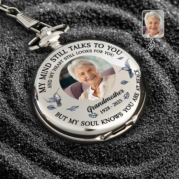 Custom Photo,Memorial,Sad - Custom Photo Memorial My Mind Still Talks To You - Personalized Pocket Watch