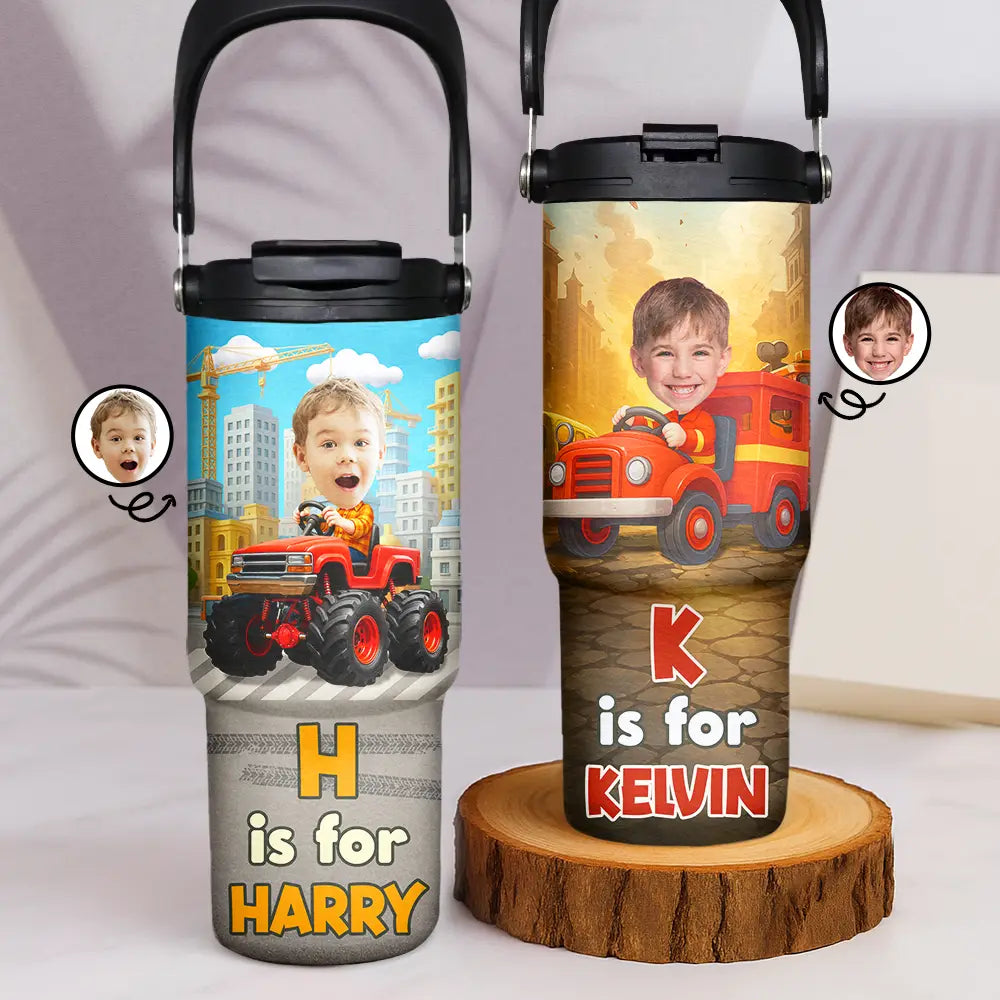 Gift For Kids,Gift For Grandkids,Happy,Back To School - Custom Photo Monogram Kid Toy Car - Personalized 30oz Tumbler With Handle