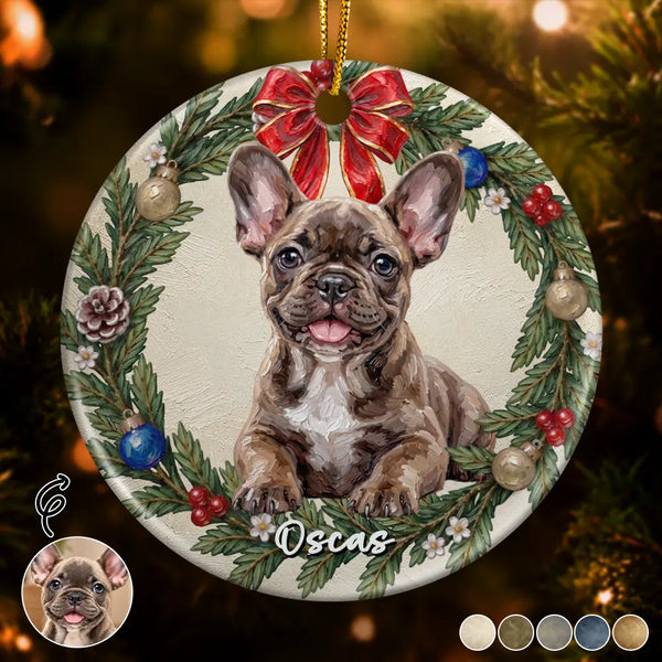 Art Design,Christmas,Cozy,Dog Lovers,Pet Lovers,Photo - Oil Painting - Custom Photo Oil Painting Dog Pet Portrait In Floral Wreath - Personalized Circle Ceramic Ornament