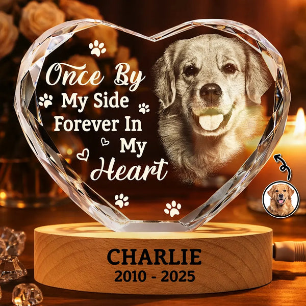 Pet Lovers,Cat Lovers,Dog Lovers,Sad,Memorial - Custom Photo Once By My Side Forever In My Heart Memorial Dog Cat - Personalized Crystal Heart Shaped Lamp