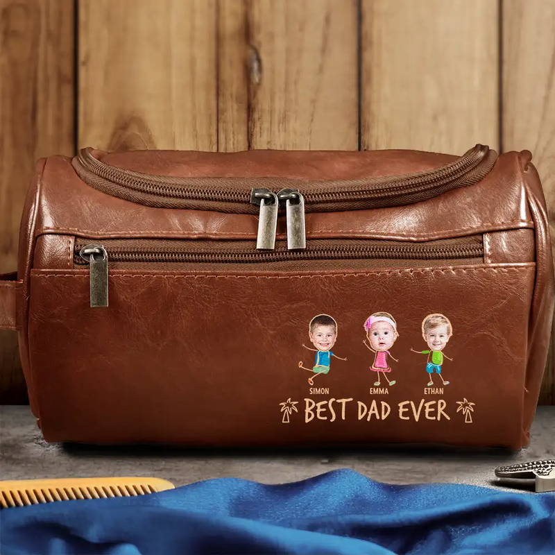 Gift For Husband,Gift For Yourself,Gift For Men,Gift For Grandpa,Gift For Father,Summer - Custom Photo Outline Best Dad Ever - Personalized Leather Toiletry Bag