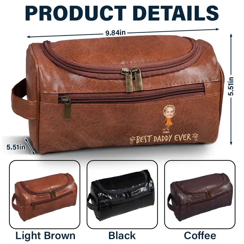 Gift For Husband,Gift For Yourself,Gift For Men,Gift For Grandpa,Gift For Father,Summer - Custom Photo Outline Best Dad Ever - Personalized Leather Toiletry Bag