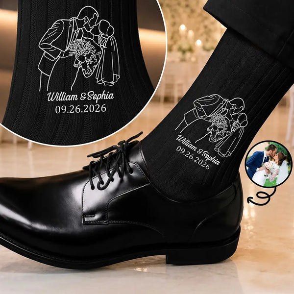 Gift For Husband, Gift For Couples, Custom Photo, Art Design, Wedding, Romantic, Photo - Outline Sketch - Custom Photo Outline Sketch Couple Romantic Portrait - Personalized Embroidered Socks
