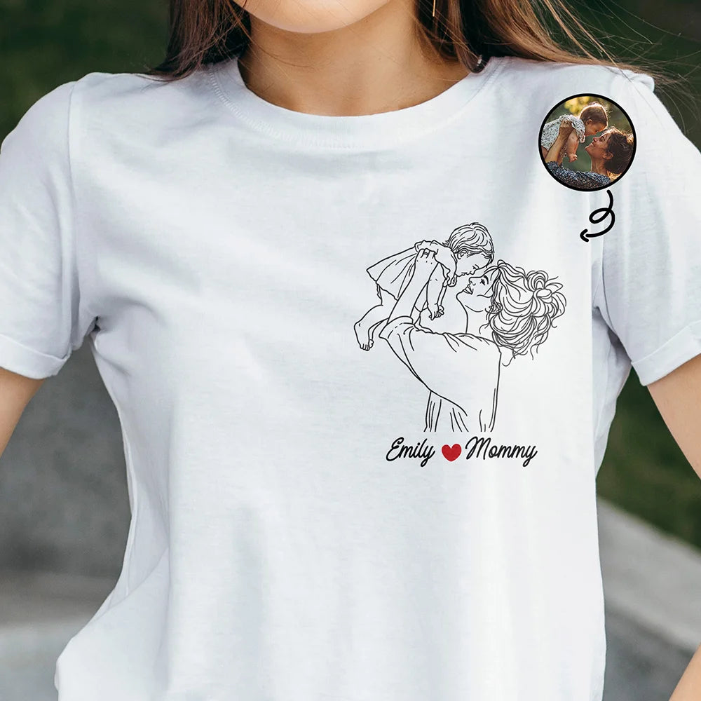 Custom Photo, Gift For Mother, Gift For Father, Family, Happy - Custom Photo Outline Sketch Family Portrait Since - Personalized T Shirt