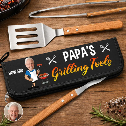 Custom Photo Papa's Grilling Tools - Personalized BBQ Tool Set With Storage Bag