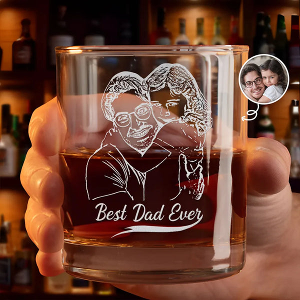 Custom Photo, Gift For Father, Happy - Custom Photo Pencil Drawing Best Dad Ever I Love You - Personalized Engraved Whiskey Glass