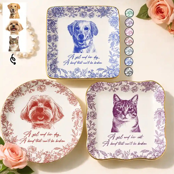 Dog Lovers,Dog Mom,Pet Lovers,Pet Mom - Custom Photo Pencil Sketch A Girl And Her Dog Cat - Personalized Ring Dish