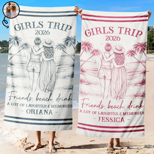 Beach,Gift For Bestie,Family,Happy,Summer - Custom Photo Pencil Sketch Art Girls Trip A Lot Of Laughter & Memories - Personalized Beach Towel