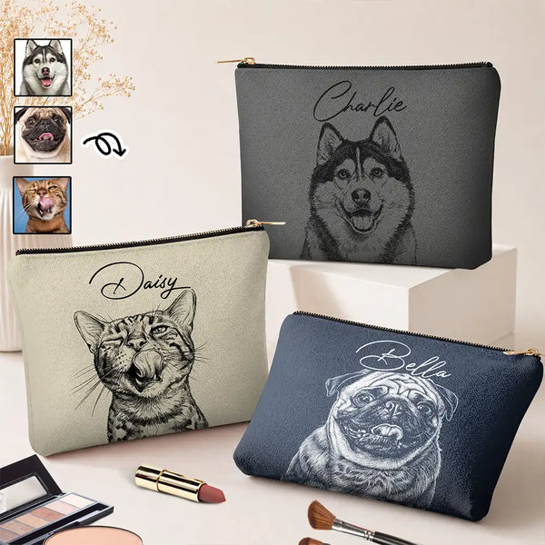 Custom Photo,Beach,Art Design,Summer,Pet Lovers,Playful,Photo - Pencil Sketch - Remove BG - Custom Photo Pencil Sketch Besties Family Pet Funny Portrait - Personalized Cosmetic Bag