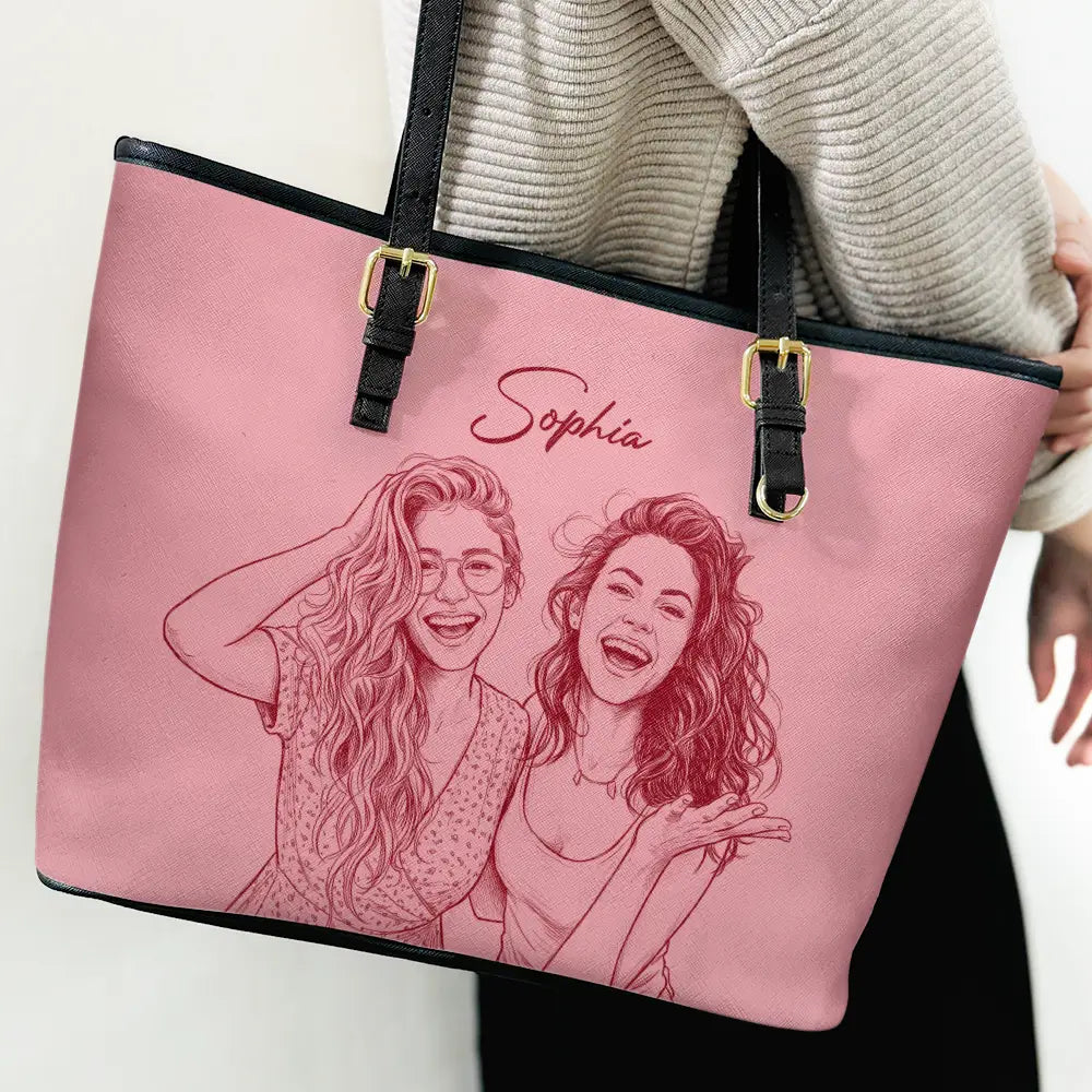 Art Design,Playful,Beach,Summer,Pet Lovers,Photo - Pencil Sketch - Remove BG - Custom Photo Pencil Sketch Besties Family Pet Funny Portrait - Personalized Leather Tote Bag