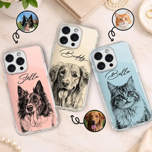 Family,Gift For Bestie,Dog Lovers,Cat Lovers,Happy,Custom Photo,Gift For Mother,Gift For Father - Custom Photo Pencil Sketch Family Besties Dog Cat Portrait - Personalized Clear Phone Case