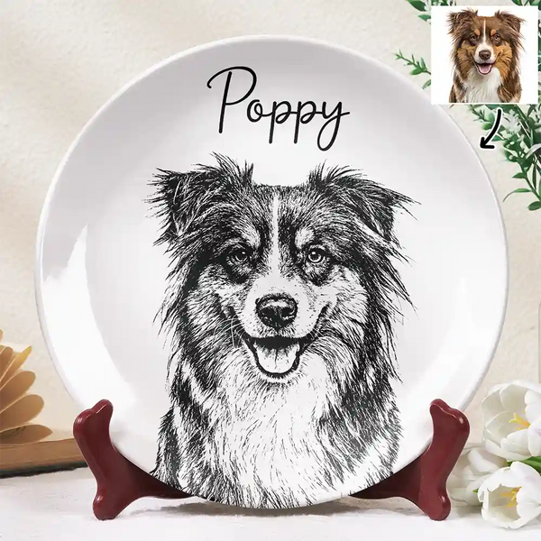 Family, Gift For Bestie, Dog Lovers, Cat Lovers, Happy, Custom Photo, Gift For Mother, Gift For Father - Custom Photo Pencil Sketch Family Dog Cat Portrait - Personalized Ceramic Plate