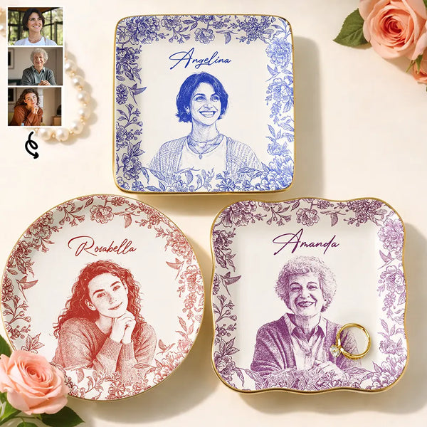 Gift For Mother,Gift For Grandma,Family,Dog Lovers,Dog Mom,Cat Lovers,Cat Mom,Pet Lovers,Pet Mom,Gift For Bestie,Happy - Custom Photo Pencil Sketch Loving Couple Family Pet - Personalized Ring Dish