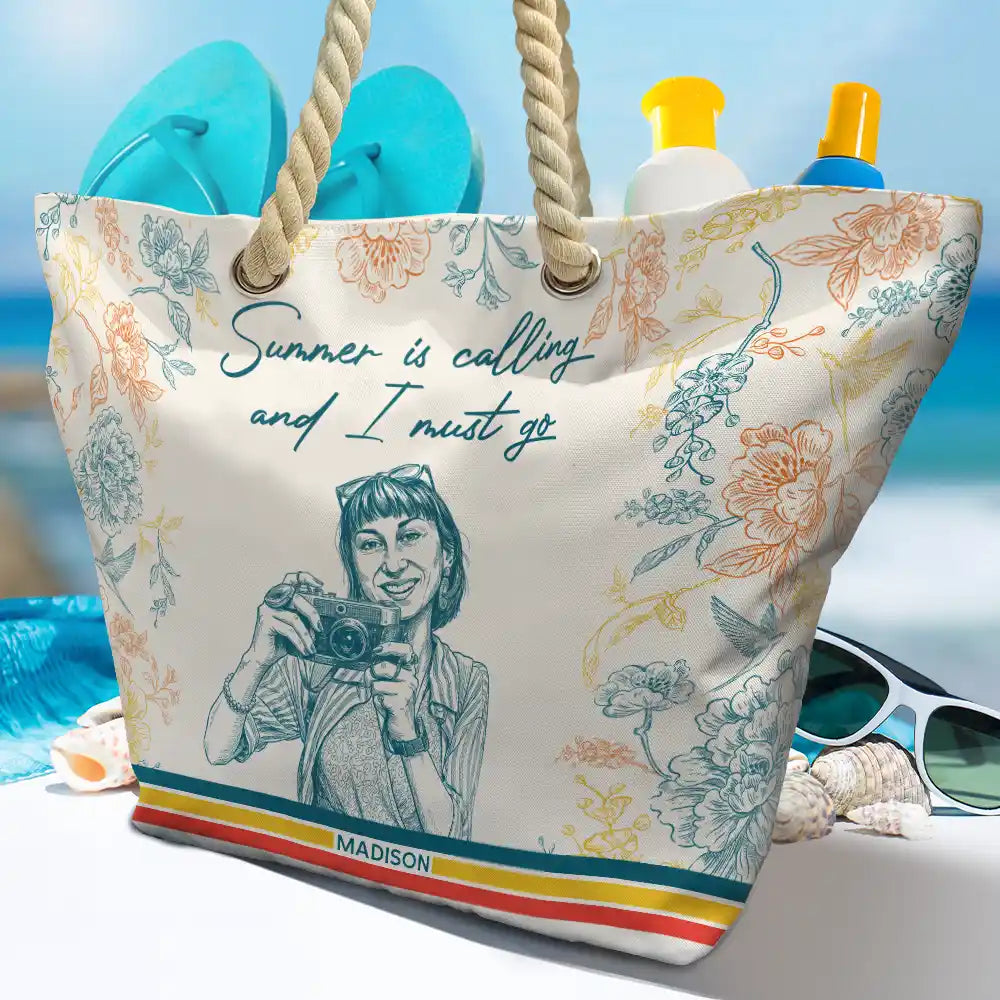 Gift For Yourself,Gift For Women,Custom Photo,Beach,Art Design,Summer,Playful,Photo - Pencil Sketch - Remove BG - Custom Photo Pencil Sketch Retro Style A Girl Who Loves Beaches - Personalized Beach Bag
