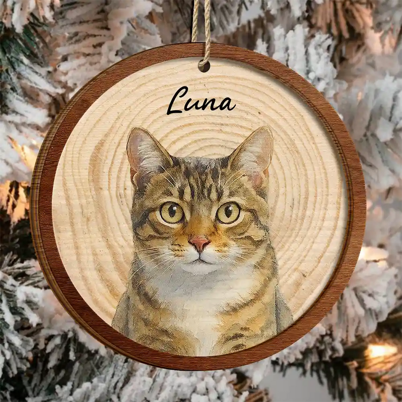 Pet Lovers,Dog Lovers,Cat Lovers,Love,Christmas - Custom Photo Realistic Watercolor Art Dog Cat Pet - Personalized 2-Layered Wooden Ornament