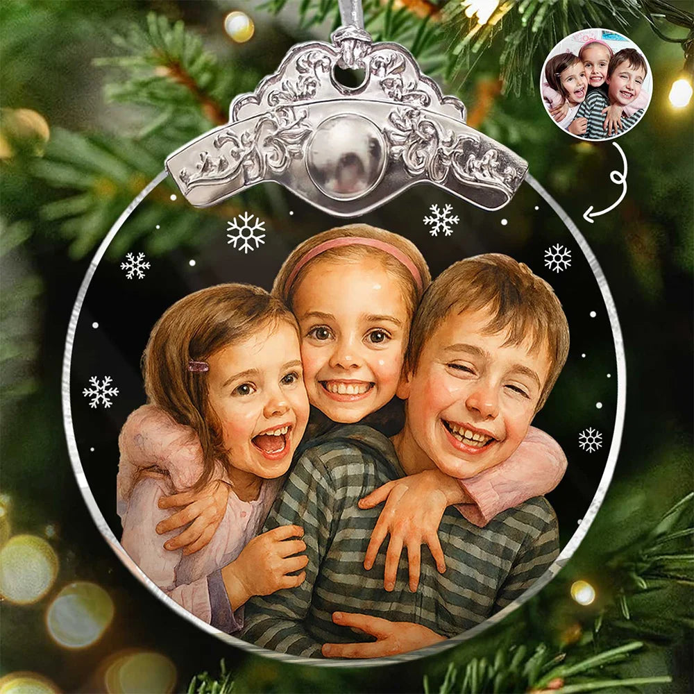 Happy,Christmas,Family,Gift For Kids,Gift For Grandkids,Gift For Grandparents,Parents - Custom Photo Realistic Watercolor Art Happy Kid - Personalized Glass Ornament With Silver Cap