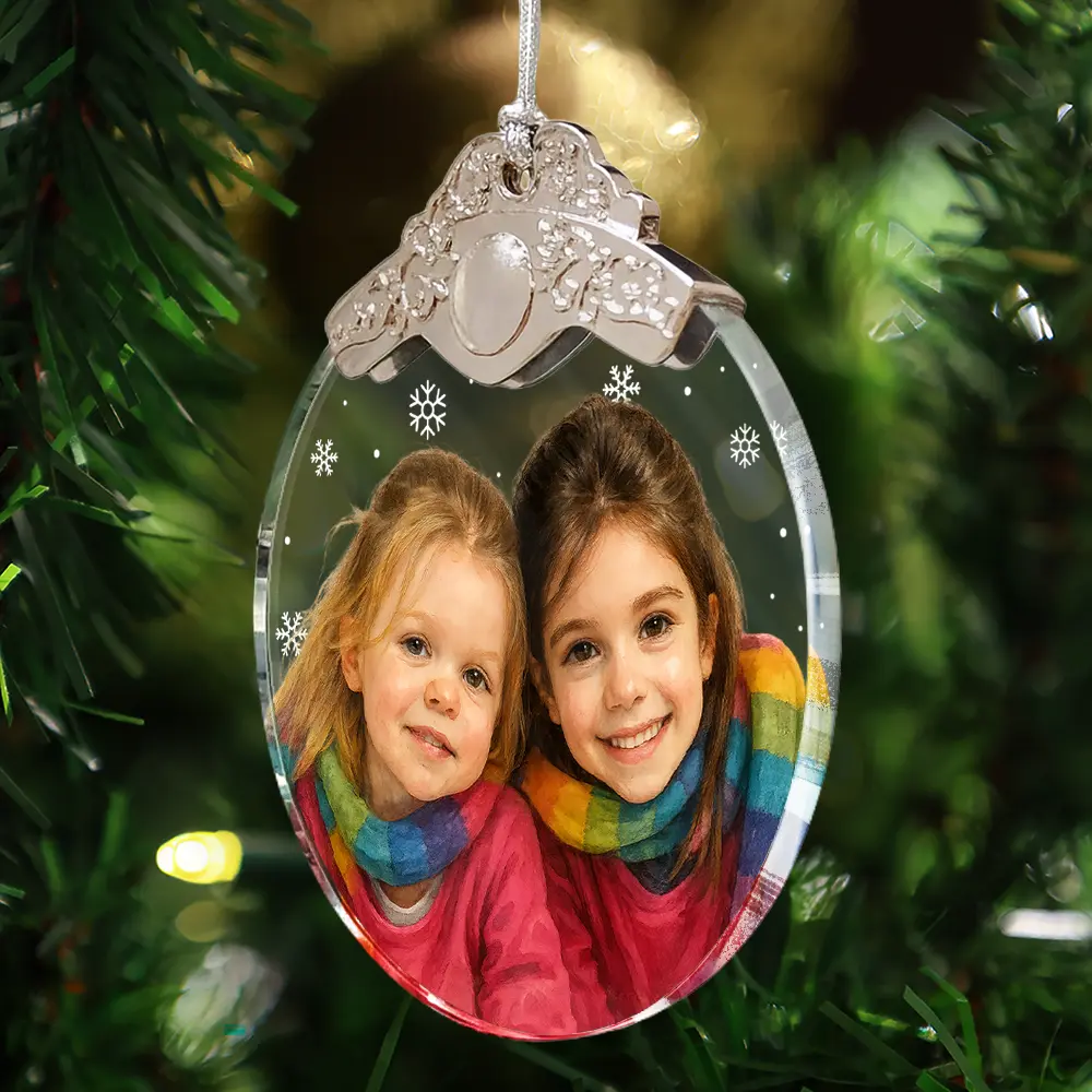 Happy,Christmas,Family,Gift For Kids,Gift For Grandkids,Gift For Grandparents,Parents - Custom Photo Realistic Watercolor Art Happy Kid - Personalized Glass Ornament With Silver Cap