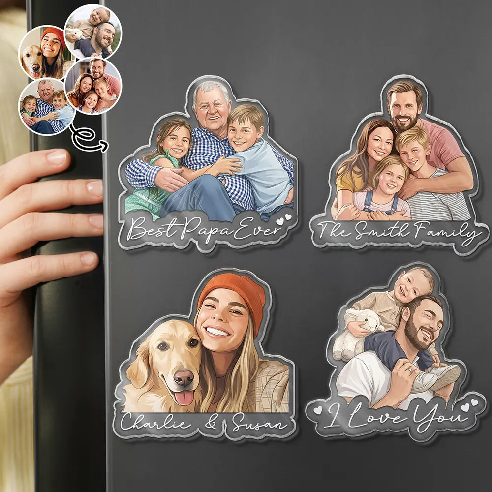 Custom Photo, Art Design, Family, Adorable, Photo - Semi Realistic Portrait - Custom Photo Semi Realistic Portrait Family Dog Cat Portrait - Personalized Acrylic Magnet