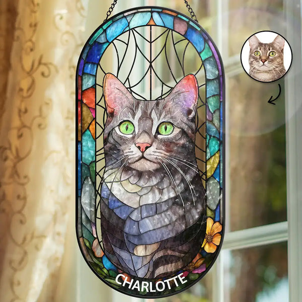 Happy,Dog Lovers,Pet Lovers,Cat Lovers - Custom Photo Stained Glass Portrait Dog Cat Family - Personalized Rounded Rectangle Stained Glass Suncatcher