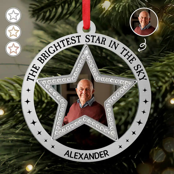 Christmas, Family, Pet Lovers, Memorial - Custom Photo The Brightest Star In The Sky - Personalized Metal Ornament