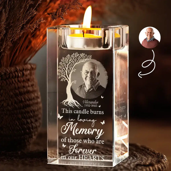 Gift For Husband, Gift For Men, Gift For Grandpa, Gift For Women, New Dad, Gift For Father, Gift For Grandma, Happy, New Mom, Gift For Mother - Custom Photo This Candle Burns In Loving Memory - Personalized Crystal Candle Holder