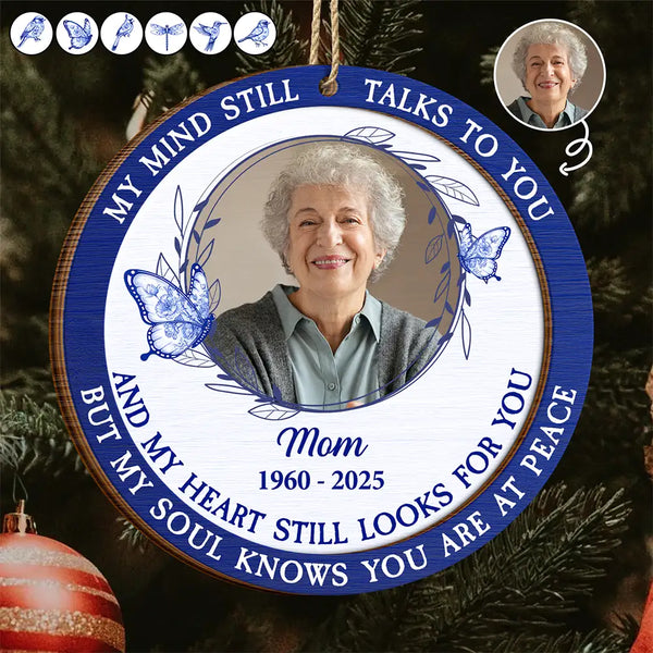 Family,Parents,Gift For Grandparents,Christmas,Sad,Custom Photo - Custom Photo Toile Memorial Bird My Mind Still Talks To You - Personalized 2-Layered Wooden Ornament