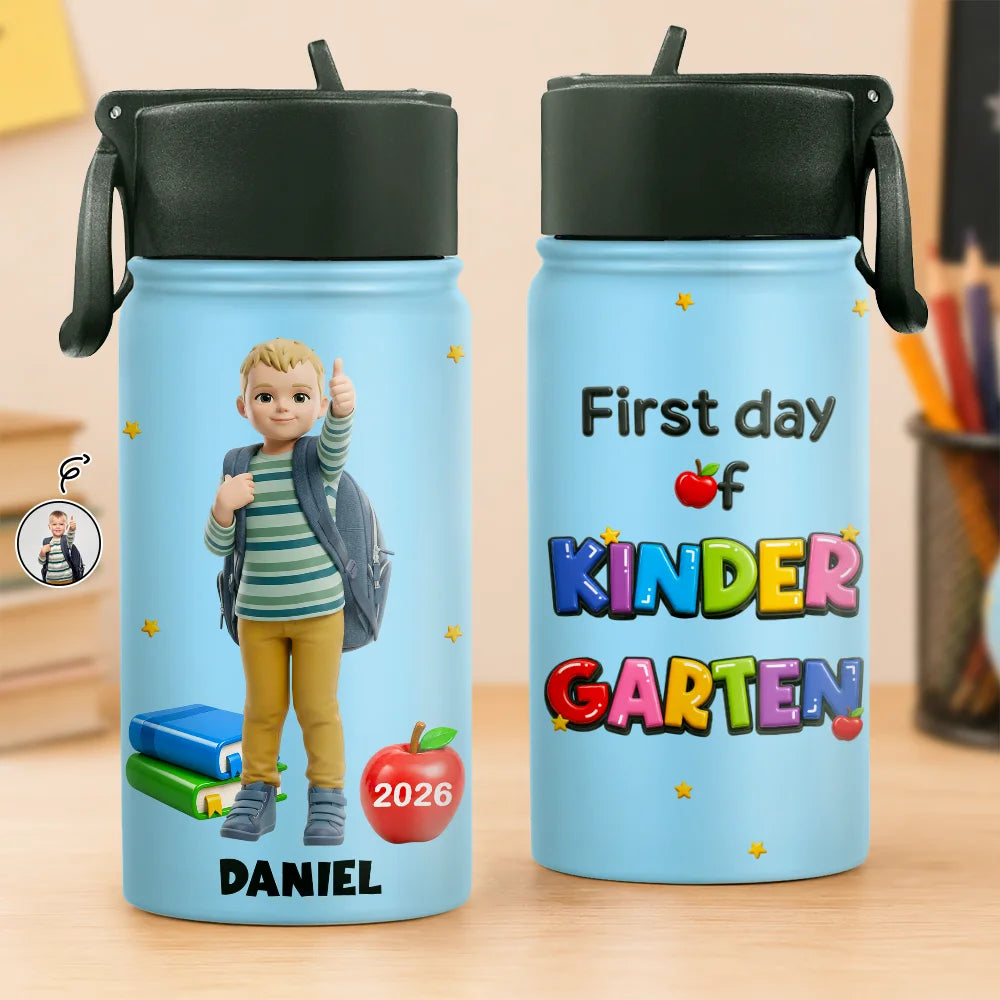 Adorable,Art Design,Back To School,Gift For Kids,Photo - Toybox Figure - Custom Photo Toybox Figure First Day Of Kindergarten - Personalized Kids Water Bottle